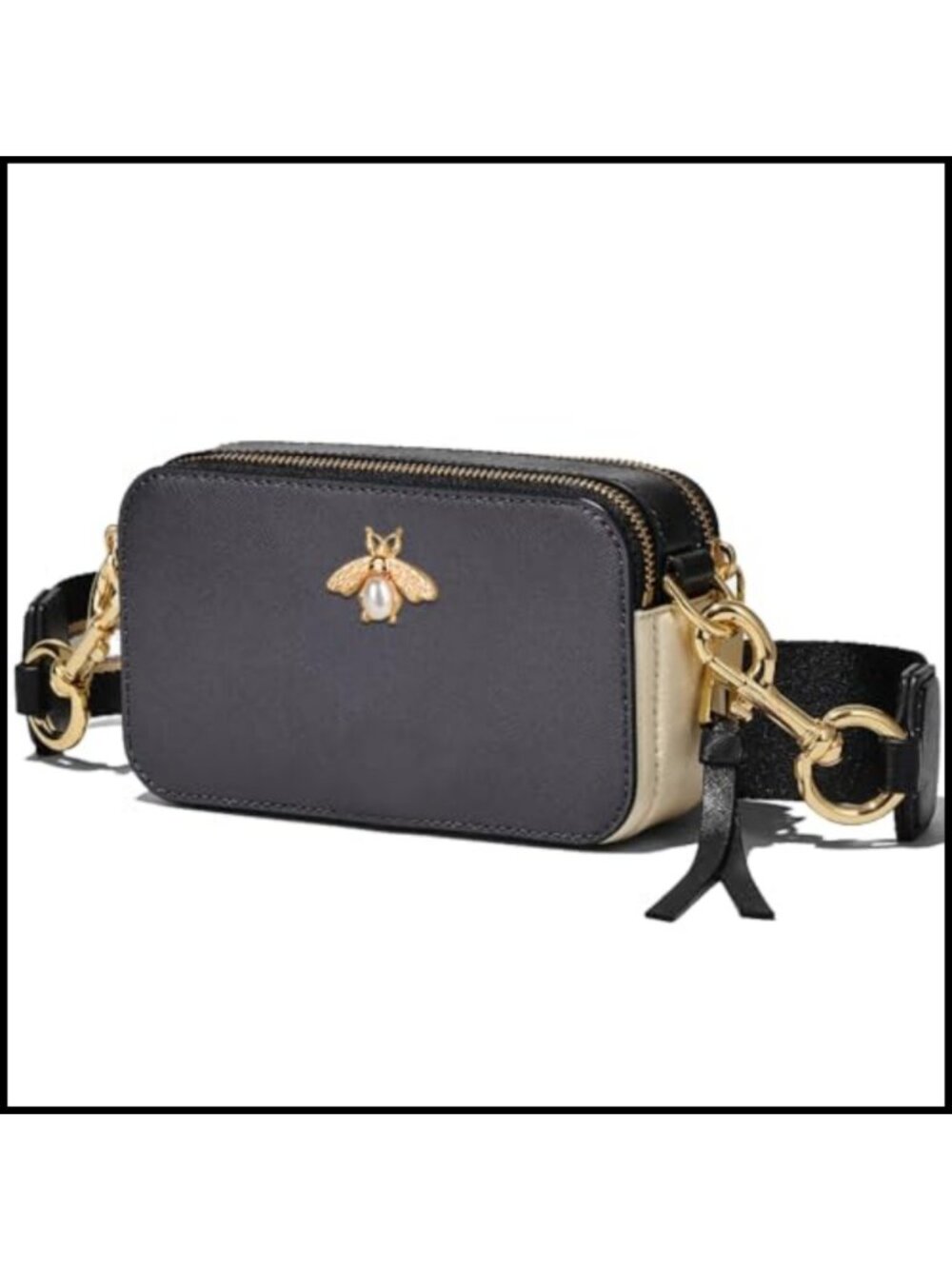 Small Camera Crossbody Bag PU Leather Color-Blocked Bee Purse Two Straps